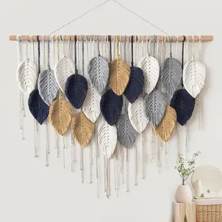Unyqoos® Boho Macramé Wandbehang – großes, handgewebtes Wandteppich mit Blattmotiven und handgemachten Quasten, 100 x 72 cm, mit 3 teilbaren Holzstäben - Bunt
