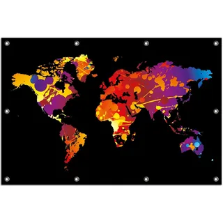 Wallario Outdoor-Poster für Garten oder Balkon, Motiv Weltkarte aus bunten Farbspritzern, in ca. 80 x 120 cm - Schwarz