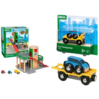 BRIO World 33204 Parkhaus, Straßen & Schienen – Eisenbahnzubehör für die BRIO Holzeisenbahn – Empfohlen für Kinder ab 3 Jahren & Bahn 33577 - Autotransporter mit Rampe