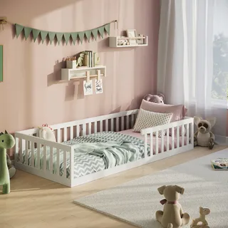 Bodenbett Bett mit Rausfallschutz & Lattenrost Montessori Bett Kinder Jugendbett Einzelbett optional mit Matratze | weiß Kiefer 90x200 cm - Weiß