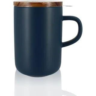 OGO LIVING Juliet 7912015 Teetasse 475 ml - ideal für Tee und Kräutertee - Teetasse aus Steinzeug und Deckel aus Akazienholz - blau