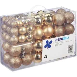 Relaxdays Weihnachtskugeln 100er Set, Weihnachtsdeko, matt, glänzend, glitzernd, Christbaumkugel 3, 4 & 6 cm, Champagner