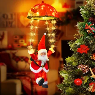 Weihnachtsmann Fallschirm Lichterkette, Hängende Weihnachtsbeleuchtung | 8 Modi 70LEDs Warmweiß Lichterkette Außen Strom mit Fernbedienung & Timer, Weihnachtsdeko für Weihnachtsbaum Fenster Innen
