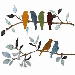 BOBPPOP 2 Stück Vogel Wanddeko, Metall Wanddekoration mit Blüten und Vögeln, für Wohnzimmer, Schlafzimmer, Garten​ oder Flur, rostfrei und langlebig (40x14cm)