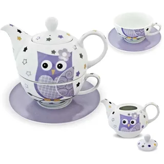 Porzellan Tee Set Tea for one Teeservice Teekanne Tasse Untersetzer Eule lila weiß