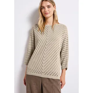Strickpullover STREET ONE, Damen, Gr. 40, tusk cream, Strick, Obermaterial: 84% Baumwolle, 16% Nylon, gestreift, lässig geschnitten hüftbedeckend, U-Boot-Ausschnitt, Flachstrickbündchen, Pullover Strickpullover, mit durchscheinenden Häkel-Details und grafischem Muster