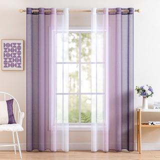 MIULEE 2er Set Voile Vorhang Zweifarbiger Vorhang mit Ösen Transparente Gardine Ösenschal Fensterschal Lichtdurchlässig für Schlafzimmer, 140x185cm, Lila