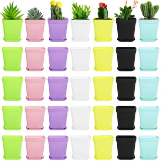 Hedume Mini-Kunststoff-Blumentöpfe mit Palette, 7,6 cm, bunt, quadratisch, für drinnen und draußen, Dekoration für Zimmer, Garten, Büro und Balkon (7 Farben)