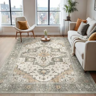 BEIMO Vintage Waschbarer Teppich Wohnzimmer, 200x290cm Taupe | Boho Orientalisch, Großer Weicher Kurzflor Carpet mit Rutschfester für Küche und Bettvorleger Schlafzimmer