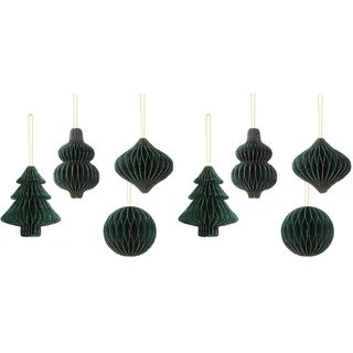 MoDiBa Weihnachtsdeko | 8 Anhänger-Set: je 2X Ornament, Baum, Glocke, Kugel | 7-10 cm | Glitzerrand | Christbaum | Recyceltes Papier FSC Zertifiziert (Dunkelgrün)