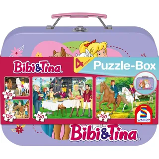 Schmidt Spiele 55609 Bibi und Tina, Puzzle im Metallkoffer, 2x100 und 2x150 Teile Kinderpuzzle, bunt [Exklusiv bei Amazon]