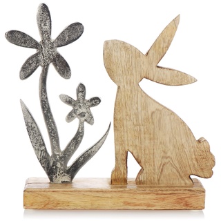 com-four® Deko Hase für Osterdeko - Osterhase aus Holz mit Blume aus Metall zum Hinstellen - Holz-Aufsteller Hase mit Metall-Blume (01 Stück - Hase mit Blume)