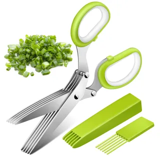 Senbos Kräuterscheren, Edelstahl Küchenschere 5 Klingen | Gewürzschere Schnittlauchschere mit Reinigung Kamm und Abdeckung, Küchen-Gemüseschere für Kräuter, Petersilie, Rosmarin