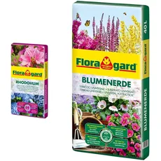 Floragard Rhodohum 40 L • Spezialerde • für Rohododendron, Azaleen, Blaubeeren und andere Moorbeetpflanzen • zur Bodenverbesserung • mit dem Naturdünger Guano & Blumenerde, 40 Liter