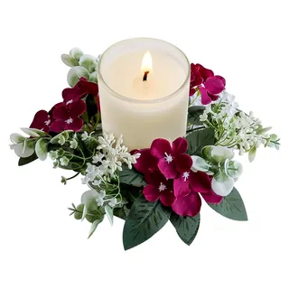 Blumenkerzenringe, 25,4 cm, kleiner Kerzenkranz, künstliche Kerzenringe für Säulen, Hortensien, Kränze für Hochzeit, Tische, Zuhause, Tür, weinroter Kerzenkranz