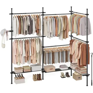 SONGMICS Teleskopstange Kleiderständer, 3-stufige Garderobe, höhen- und breitenverstellbar, offener Kleiderschrank mit 6 Kleiderstangen und 3 abnehmbaren Ablagen, Greifarm, Mattschwarz HSR155B01