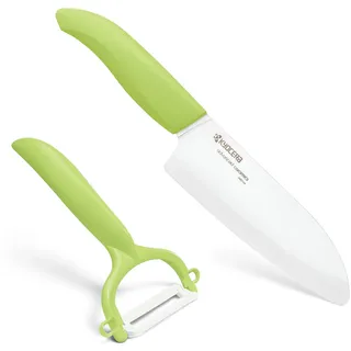 Kyocera GEN GREEN Cut & Peel Set Keramik Santoku Messer mit Schäler, Klinge 14 cm, ergonomischer Griff, extrem scharfes Küchenmesser und Sparschäler, Kochmesser Profi Messer