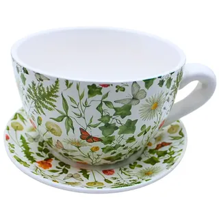 Dekohelden24 Blumentopf, Pflanztasse, Pflanzkübel, Pflanzgefäß, Blumenkübel, Pflanztopf. Übertopf als Tasse mit Griff aus Keramik, Motiv: Magerite, L/B/H 25 x 23 x14 cm.