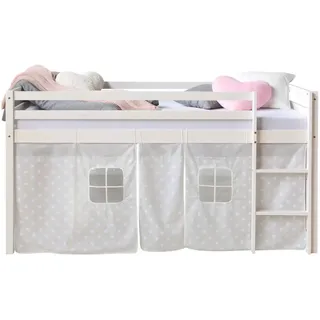 Homestyle4u Hochbett mit Vorhang 90 x 200 cm Kiefer massiv lackiert Weiß/Grau Sterne