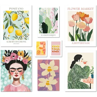 ARTFAVES® Poster Set - ABSTRACT ART GALERIE - mehrteilige Wanddeko Wohnzimmer & Schlafzimmer - 8 moderne Wandbilder abstrakt, pastell, sommer, frühling, kunst, frida kahlo - ohne Bilderrahmen