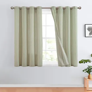 TOPICK Leinen Vorhänge Gestreifte Gardinen mit Ösen Modern Beige Leinenoptik Vorhang Wohnzimmer Privarsphäre Gardine Lichtfilterung Ösenschal mit Streifen Muster 2er Set H175xB130cm Grün auf Beige