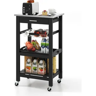 COSTWAY 47x39x85 cm Kleiner Küchenwagen, Servierwagen auf Rollen, Küchenregal mit Arbeitsplatte aus Edelstahl, Schublade&Korb, Rollwagen Küche Schwarz - Schwarz