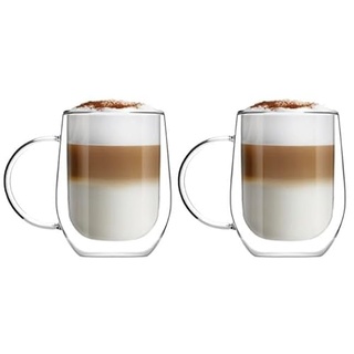 Vialli Design Set 2 x Thermogläser Doppelwandig mit Henkel 300 ml, Gläser für Latte Macchiato, Cappuccino, Amo Kollektion, Kaffeetassen, Kaffeegläser, Hitzebeständiges Glas, Transparente