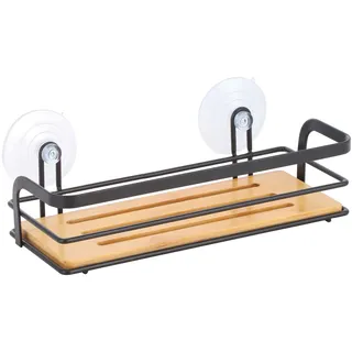 MSV Duschregal Duschkorb Badezimmer ohne Bohren mit Saugnäpfen Stahl Bambus 12x9x25,5cm Schwarz matt