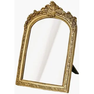 HSDDHOME Kleiner Goldener Vintage-Make-up-Spiegel, antiker dekorativer Wandspiegel, Kunstharz, geschnitzter Bogen-Tischspiegel mit Ständer für Wohnzimmer, Schlafzimmer, Kommode,