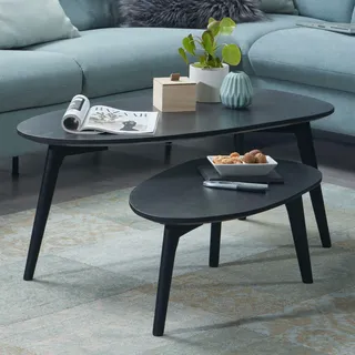 FineBuy Couchtisch Set 2er nierenförmig Mango Massivholz Schwarz · Beistelltisch Wohnzimmertisch Retro Design · Satztische mit Holzgestell - Schwarz
