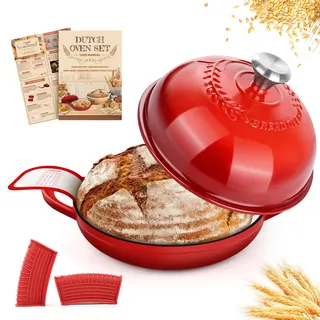 NZQXJXZ Gusseisen Topf 5.7L, Emaille Brotbacktopf mit Deckel & Silikonmatte | 26 cm Dutch Oven, Brotback Set, Bräter Schmortopf für Sauerteig Brot Backen Schmoren & Braten, Geschenk für Brotbäcker
