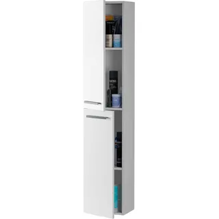 Hängende Badezimmersäule mit zwei Türen, weiß glänzend lackiert, 30 x 150 x 25 cm.