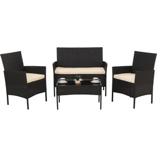 Poly-Rattan Garten-Garnitur HWC-N98, Sitzgruppe Lounge-Set, Metall Glas Stoff/Textil (180g/m2) anthrazit, Kissen creme - Grau