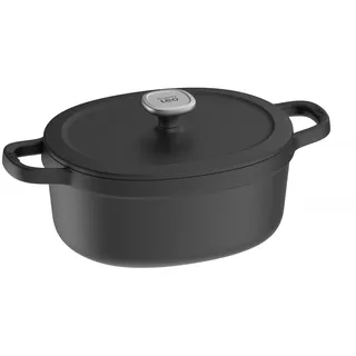 BergHOFF Leo ovale Gusseisen Kasserolle mit Deckel, 27 cm, 4,8 L, Emaille Antihaft, Induktion, geeignet für Ofen, schwarz - Schwarz