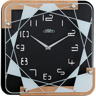 PRIM Modern Black Wooden Wall Clock - Wanduhr 30CM, Moderne quadratische Wanduhr. Holzwanduhr mit Mustern auf Glas.