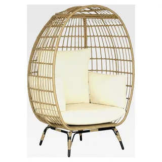 Rattansessel in Korbform mit Sitzkissen, erhöhter Gartensessel für Balkon und Terrasse, Metall, Khaki, 105 x 90 x 148 cm - Grün