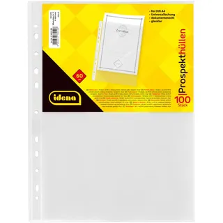 IDENA 376010 - 100 Stück Klarsichthüllen A4 glasklar, Prospekthüllen aus Kunststoff 60μ, dokumentenecht, Klarsichtfolien mit Universallochung