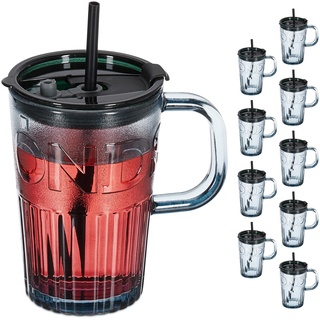 Relaxdays Trinkgläser 10er Set, Getränkebecher mit Deckel & Strohhalm, Smoothiebecher 450 ml, Saftglas Henkel, grau