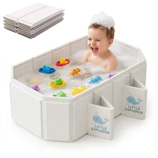 Babywanne Faltbar für Babys & Kleinkinder von 0–6 Jahren, Faltbare Babybadewanne für Bad & Dusche, Kinderbadewanne mit 4 Stabilen Standfüßen und Doppeltem Ablauf, Platzsparend & Tragbar, Off-White