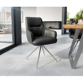 DELIFE Esszimmerstuhl Zelia-Flex mit Armlehnen Echt-Leder Schwarz Kreuzgestell konisch Edelstahl Taschenfederkern - Schwarz