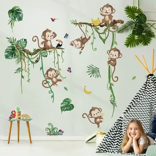 decalmile Wandtattoo Affen Dschungel Tiere Reben Wandaufkleber Affen Baum Zweige Blätter Wandsticker Kinderzimmer Babyzimmer Schlafzimmer Wanddeko