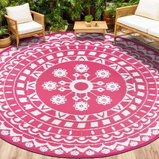 Capslpad Outdoor Teppich Rund 240 cm, Wetterfest Vorzeltteppich Camping Teppiche, Kunststoff Picknickdecke, Leichtgewicht Outdoorteppich für Balkon Picknick Camping Garten Terrasse Strand RV, Rosa