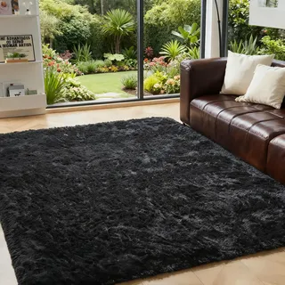 OMERAI Schwarz Hochflor Flauschig Teppich - Weich Teppiche Wohnzimmer | 120X180CM Waschbar Teppich Fellteppich Kunstfell Wohnzimmer Kinderzimmer Anti-Rutsch Unterseite Shaggy Carpet
