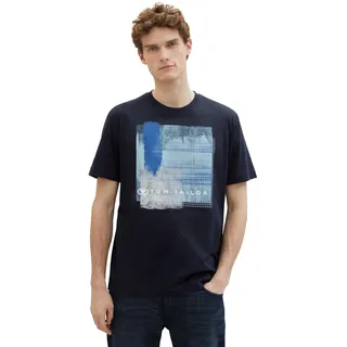 TOM TAILOR Herren Basic T-Shirt mit Print, 10668 - Sky Captain Blue, XL
