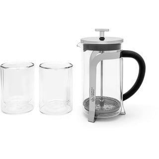 Leopold Vienna 3-tlg. Kaffeebereiter Set 600 ml für 5 Tassen Kaffee - Pressstempelkanne aus Glas inkl. 2 doppelwandige Kaffeebecher