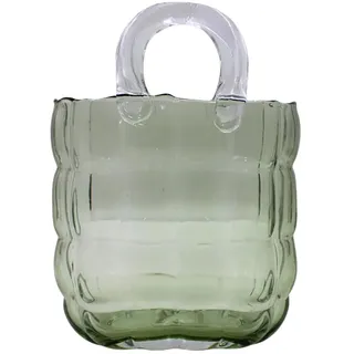 XL Blumenvase, Dekovase, Pflanzenvase, Tischvase, Glasvase, Blumenvase als Handtasche, Handtaschenvase aus Glas, in dunkelgrün mit Henkel, Größe: L/B/H 19 x 10 x 26 cm.