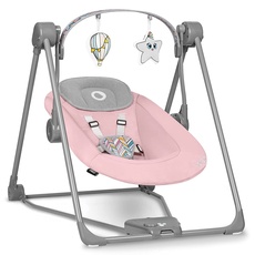 LIONELO Otto Baby Wippe, Baby Schaukel, Spielbogen mit interaktiven Spielzeugen, 5 Schaukel Geschwindigkeiten, Naturgeräusche, ab Geburt bis 9 kg, zusammenklappbar (Cozy Grey) (PINK)