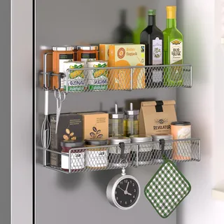 Magnetisches Gewürzregal für Kühlschrank, 2 Stück, 100 % Metall, starkes Magnetregal, platzsparender Gewürz-Organizer mit Haken, bewegliches magnetisches Kühlschrankregal, Küche, Zuhause,grau