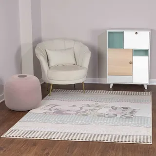 Livabliss Safari Kinderteppich - Cartoon Teppich 160x213 cm, Tier Teppich Kinderzimmer oder Babyzimmer, Krabbelteppich oder Spielteppich - Baby Teppich für Jungen & Mädchen, Weiß, Grau und Beige