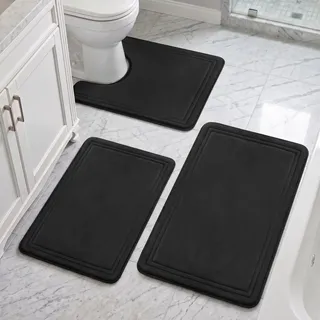 NAKIHOUSE Badezimmerteppich Set 3 Teilig (40x60 cm + 50x80 cm + 50x60 cm) | 2 cm Dicker Memory-Schaum Badematte, Rutschfest, Saugstark & Waschbar, Weiche Badezimmergarnitur in Schwarz